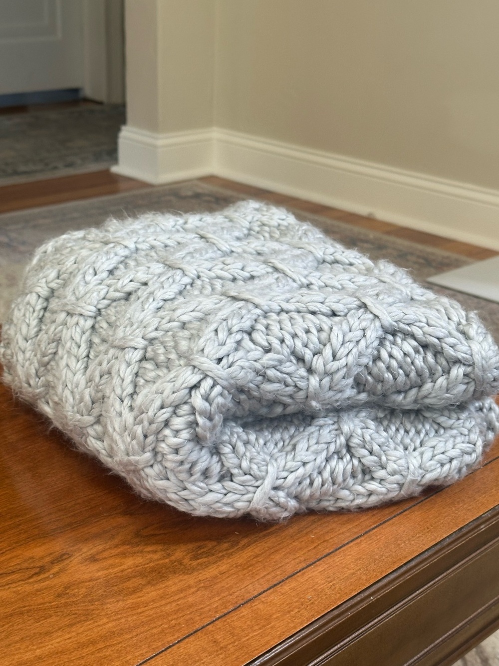 RH Baby & Child Chunky Hand-Knit Stroller Blanket Ash Gray Wool Blend 31x45